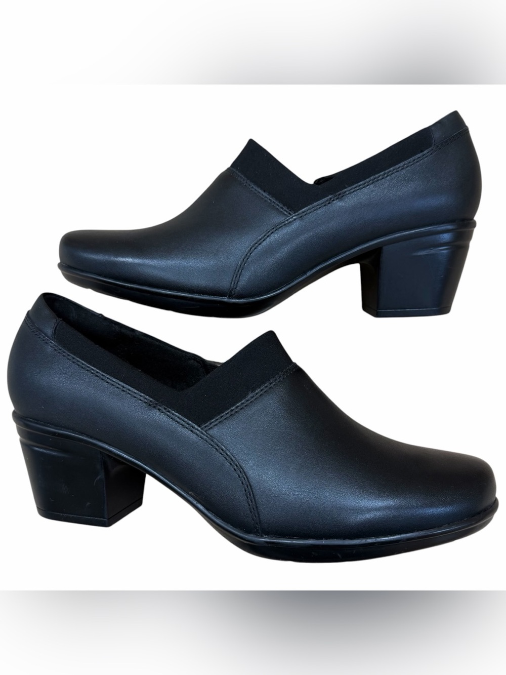 Clarks Women's Black Leather Emslie Summit Shorties Block Heel Shoes Size 7.5 W